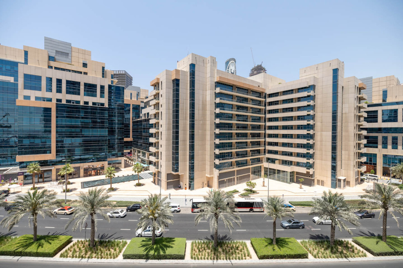 Business Bay towers along the road